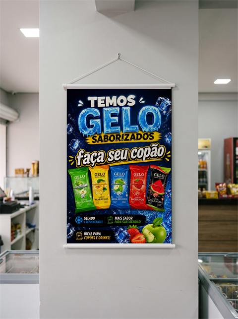 Banner de bastão e cordão em loja de gelo (simulação)